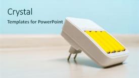  Presentation with batteries - Slide deck featuring recycling pictures - picture of charger with two background and a cool aqua colored foreground