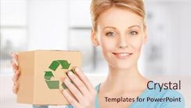  Presentation with recyclable - Colorful PPT theme enhanced with recycling pictures - picture of happy woman backdrop and a  colored foreground
