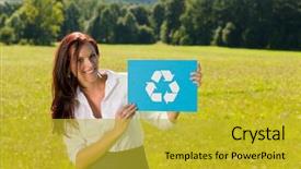  Presentation with recycling - Cool new PPT theme with recycling sign - young attractive businesswoman hold symbol sunny meadow backdrop and a gold colored foreground