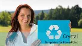  Presentation with recycling - Cool new slide set with recycling sign - young attractive businesswoman hold symbol sunny meadow backdrop and a cyan colored foreground