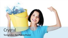  Presentation with holding bucket while water droplet - Amazing PPT theme having recycling symbol - happy woman holding bucket backdrop and a light blue colored foreground