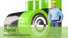  Presentation with battery recycling - Slides consisting of recycling symbol - standing worker and green eco background and a yellow colored foreground