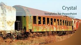  Presentation with steam engine train - Slides with recyling construction waste - abandonned train background and a sky blue colored foreground