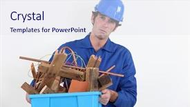  Presentation with recycle glass waste for recycling - Colorful presentation theme enhanced with recyling construction waste - unhappy tradesman taking backdrop and a sky blue colored foreground