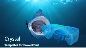  Presentation with ocean pollution - Colorful presentation design enhanced with red - plastic pollution in ocean contaminates backdrop and a ocean colored foreground