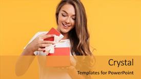  Presentation with smiling little girl - PPT theme having red - portrait of a happy smiling background and a gold colored foreground