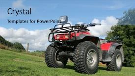  Presentation with red and black - Slides with four wheel drive red and black quad bike standing idle on the grass with trees and a blue sky with clouds to the rear background and a light blue colored foreground