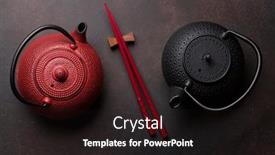  Presentation with chopsticks - PPT theme featuring red and black teapots and sushi chopsticks top view background and a wine colored foreground