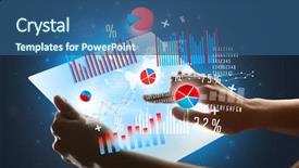  Presentation with hands holding black tablet - Presentation design enhanced with red and blue charts background and a ocean colored foreground