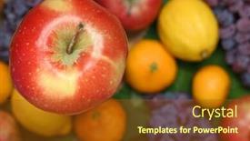  Presentation with apple pear - Beautiful presentation theme featuring red apple over blurred grape lemon tangerine pear and pomegranate fruit backdrop and a tawny brown colored foreground