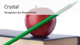  Presentation with many books - Slides consisting of red apple with green pencil on top of many books on a white background background and a white colored foreground