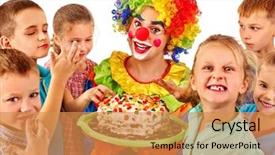  Presentation with children birthday - Colorful slide set enhanced with red backgroud - clown male in costume holding backdrop and a  colored foreground