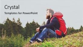  Presentation with rural tourism people adventure - Colorful PPT theme enhanced with red backpack sitting on ground backdrop and a  colored foreground