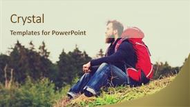  Presentation with rural tourism people adventure - Slides having red backpack sitting on ground background and a  colored foreground