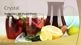  Presentation with lemonade - Slide set consisting of red basil lemonade in jug and glass on wooden table on bright background background and a mint green colored foreground