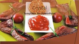  Presentation with meat beef - Slide deck with red beef curved meat slices on green background and a coral colored foreground