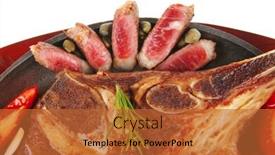  Presentation with hot metal - Colorful slide set enhanced with red beef meat steak on metal iron plate with green hot pepper and tomatoes isolated on white background backdrop and a red colored foreground