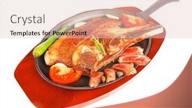  Presentation with hot metal - PPT theme enhanced with red beef meat steak on metal iron plate with green hot pepper and tomatoes isolated on white background background and a lemonade colored foreground