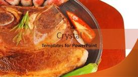  Presentation with hot metal - Presentation having red beef meat steak on metal iron plate with green hot pepper and tomatoes isolated on white background background and a red colored foreground