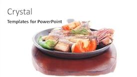  Presentation with hot metal - Audience pleasing slides consisting of red beef meat steak on metal iron plate with green hot pepper and tomatoes isolated on white background backdrop and a white colored foreground