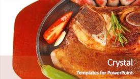  Presentation with hot metal - Audience pleasing PPT layouts consisting of red beef meat steak on metal iron plate with green hot pepper and tomatoes isolated on white background backdrop and a crimson colored foreground