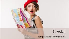  Presentation with travel - Colorful PPT layouts enhanced with red beret holding travel map backdrop and a soft green colored foreground