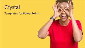  Presentation with african america - Presentation theme enhanced with red binnoculars - beautiful young african american woman background and a  colored foreground