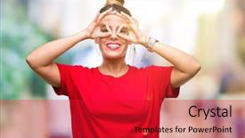  Presentation with tongue - Slide deck with red binnoculars - young beautiful woman over isolated background and a  colored foreground