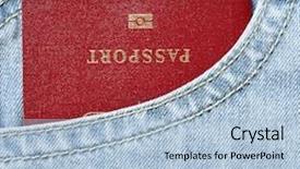  Presentation with passport - Presentation enhanced with red biometric passport in jeans pocket close-up background and a light blue colored foreground