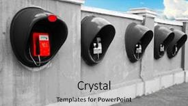  Presentation with red telephone - Audience pleasing slides consisting of red black white abstract - row of telephone sets backdrop and a light gray colored foreground