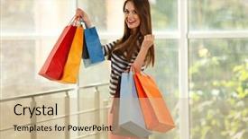  Presentation with woman pushing shopping trolley - Presentation design consisting of red blue - young pretty woman with shopping background and a soft green colored foreground