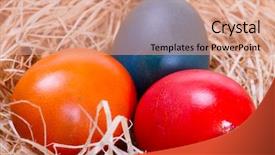  Presentation with colorful finger painted hands - Beautiful presentation theme featuring red blue green colors - colorful painted easter eggs backdrop and a coral colored foreground