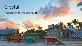  Presentation with miami beach - Colorful presentation theme enhanced with red blue turquoise yellow - lifeguard stations on miami beach backdrop and a light blue colored foreground