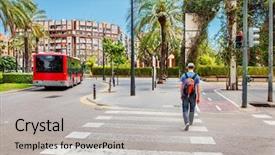  Presentation with transport transportation tourism road trip - Presentation design consisting of red bus - tourist with a backpack crossing background and a light gray colored foreground