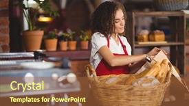  Presentation with paper bag - Slide deck having red business - smiling waitress putting bread background and a  colored foreground