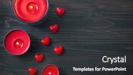  Presentation with wooden heart the slogan - Theme consisting of red candles - hearts on wooden background background and a  colored foreground