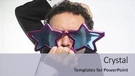  Presentation with 5 stars five star rating - Amazing PPT theme having red carpet awards - businessman with glasses stars crazy backdrop and a light gray colored foreground