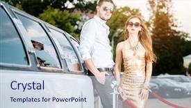  Presentation with golden car - Slides enhanced with red carpet limousine - woman in golden dress background and a sky blue colored foreground