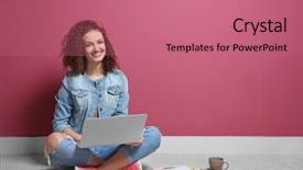  Presentation with laptop and wall - Slide set consisting of red carpet look - beautiful young woman using laptop background and a coral colored foreground