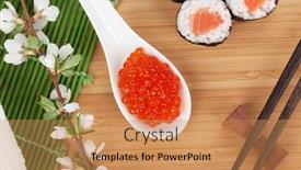  Presentation with sakura - Beautiful PPT theme featuring red caviar sushi set sakura branch and chopsticks over bamboo table backdrop and a coral colored foreground
