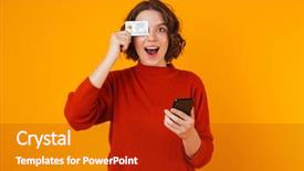  Presentation with credit card - Slide deck with red cells - portrait of beautiful woman 20s background and a crimson colored foreground