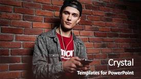  Presentation with music headphones - Amazing slides having red cells - smiling young man in headphones backdrop and a tawny brown colored foreground