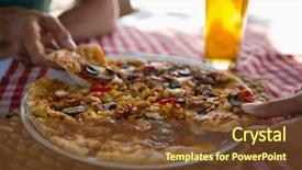  Presentation with pizza - Presentation theme featuring red check tablecloth - cropped hands on friends having background and a tawny brown colored foreground