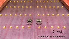  Presentation with metal - Beautiful PPT theme featuring red-chinese-wooden-door backdrop and a coral colored foreground