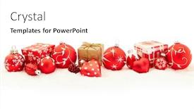  Presentation with christmas card - PPT theme consisting of red christmas decoration as a card in panorama format with baubles and gifts background and a white colored foreground