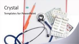 Presentation with pills money - Beautiful presentation design featuring red clipboard with stethoscope pen backdrop and a sky blue colored foreground