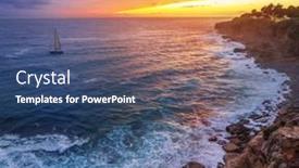  Presentation with rocky shore - PPT theme consisting of red-colorful-sunset-and-vivid background and a ocean colored foreground