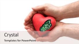  Presentation with heart in hands - PPT theme with red computer heart in hands background and a lemonade colored foreground