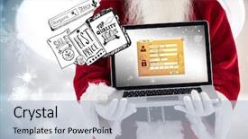  Presentation with santa claus and reindeers - Slide deck consisting of red crystal graphics abstract - santa claus presents a laptop background and a  colored foreground
