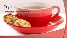  Presentation with tea break cookies - Colorful presentation theme enhanced with red cups - cup of tea with cookies backdrop and a coral colored foreground